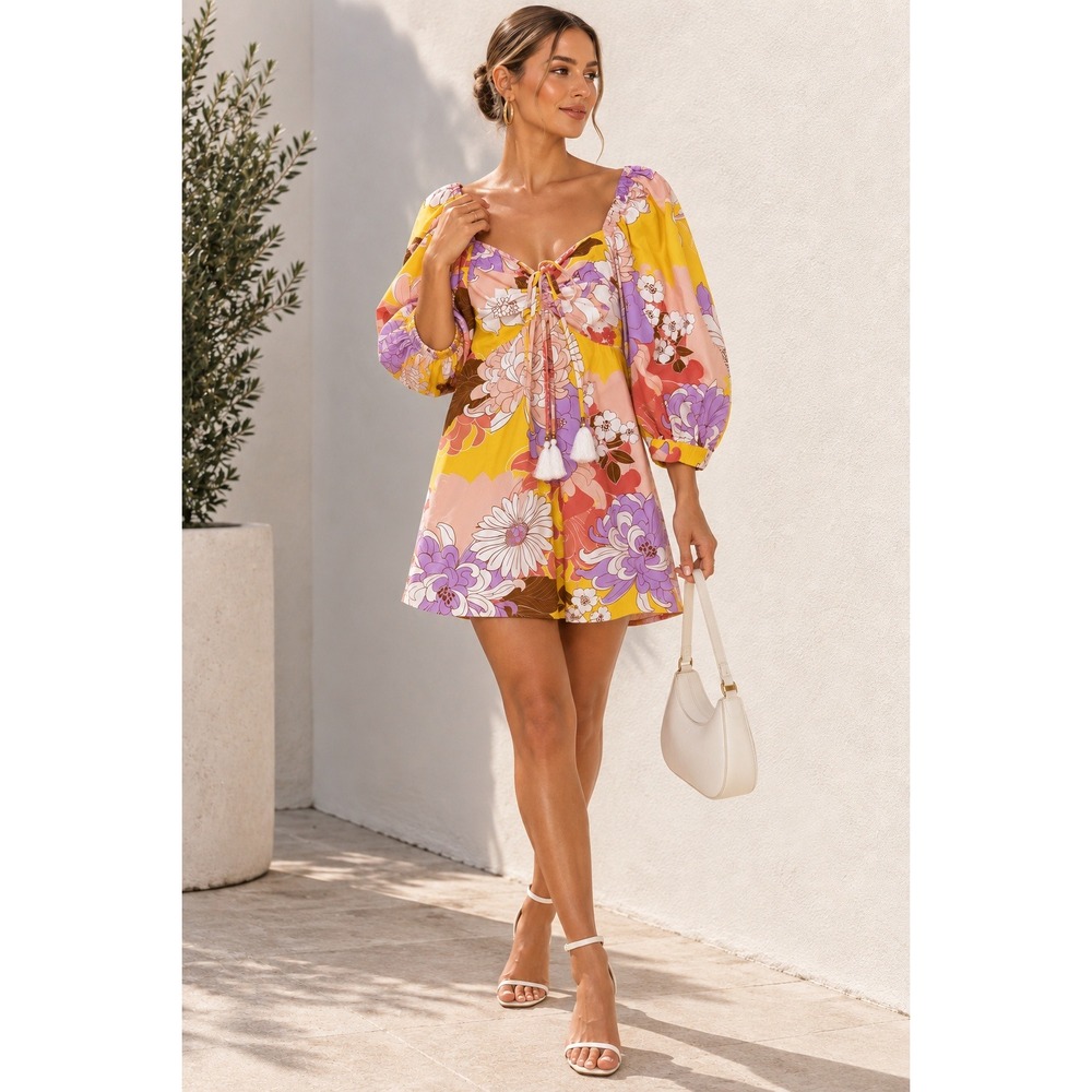 Cara Cara NYC Quinn Dress Lavender Retro Floral Puff Sleeve Cotton Mini Small